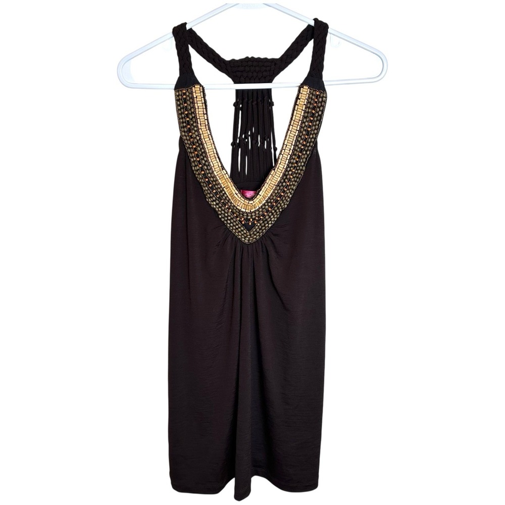 Six Degree Black Embellished Halter Top Women's Size‎ L Beaded Macrame Back Y2K